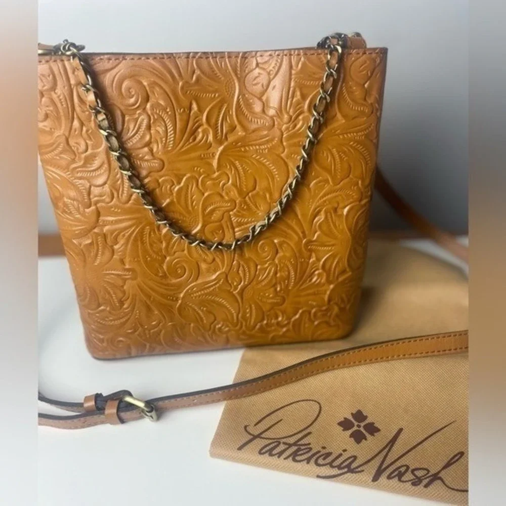 Patricia Nash Tan Tooled Leather Floral Crossbody Bag with Chain Handle